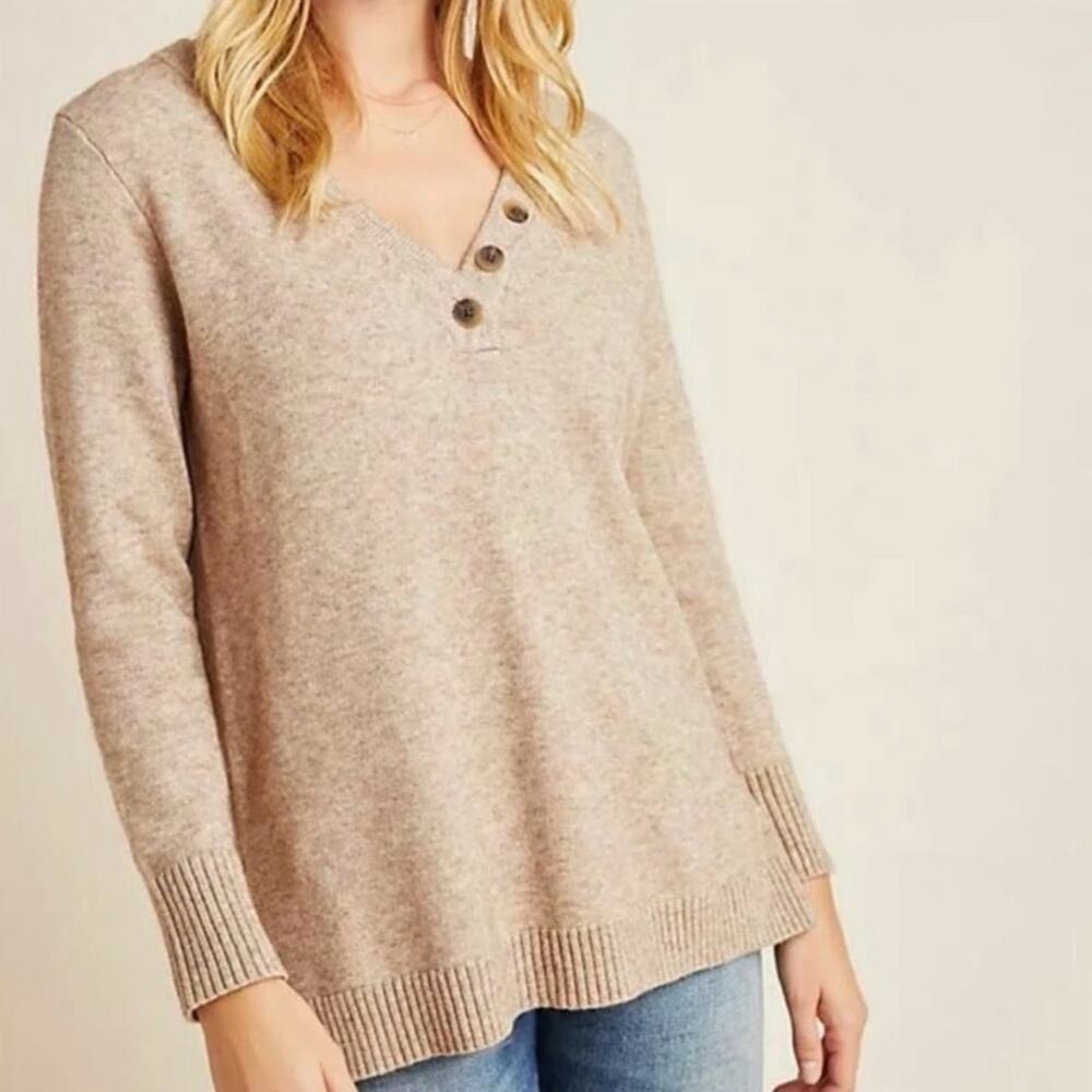 Anthropologie Serena button v-neck sweater ribbed edge long sleeve soft knit S